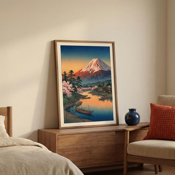 Hasui Kawase Framed artwork of a mount fuji landscape in a bedroom setting