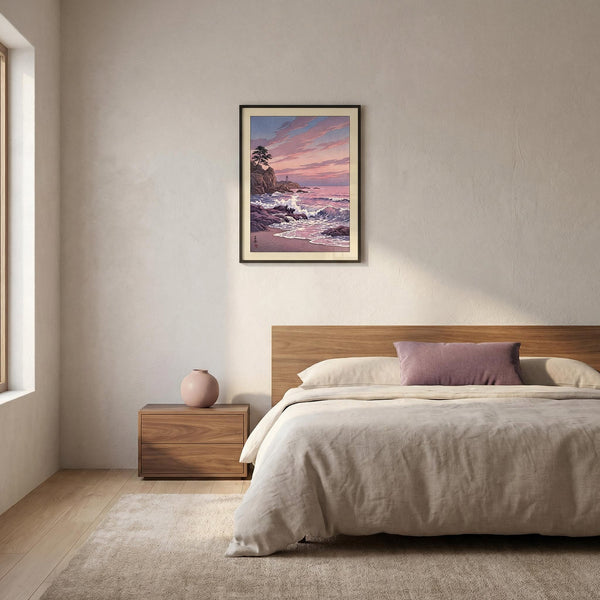 Modern bedroom with wooden bed, nightstand, and framed artwork on the wall.
