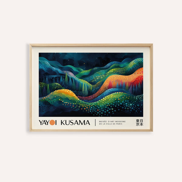 Horizontal abstract art with colorful waves and Kusama dot patterns