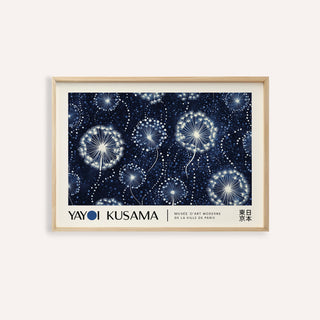 Framed Landscape Posters featuring white dandelion seed heads on deep blue background in a minimal style