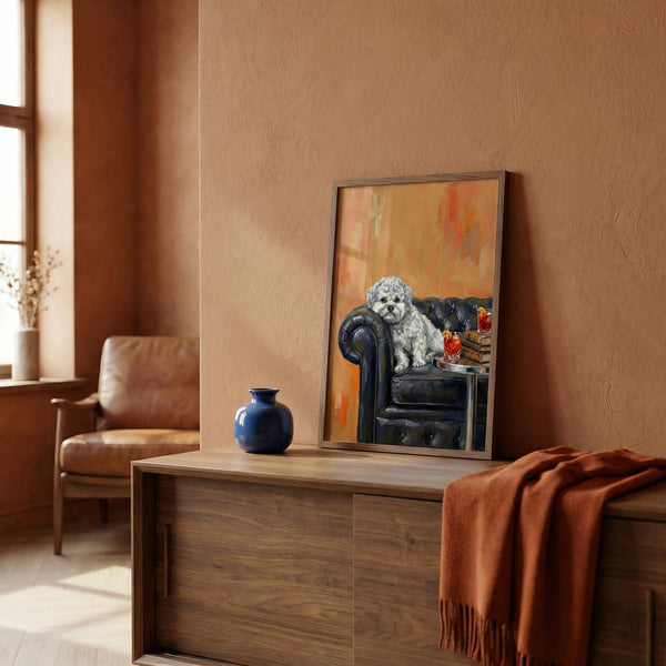 Living room with a painting of a dog on an armchair, a vase, and a blanket.