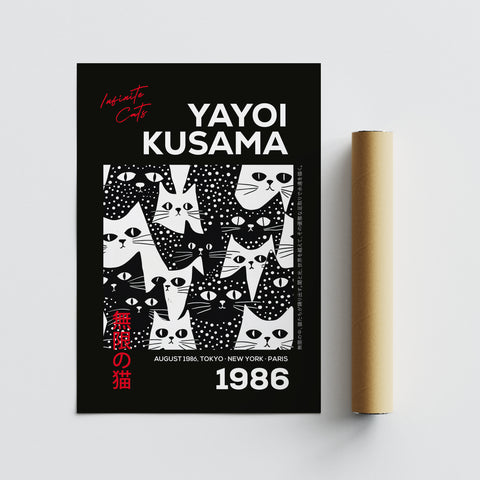 Yayoi Kusama Infinite Cats art print featuring black and white abstract cats and polka dots

