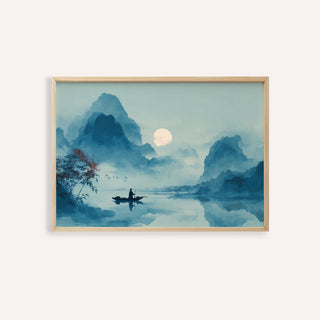 Framed Serene Nature Poster showing a fisherman on a blue river with misty mountains