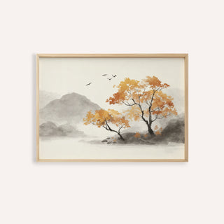 Autumn Tree Art Print with orange and gray for living room wall art
