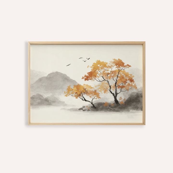 Autumn Tree Art Print with orange and gray for living room wall art