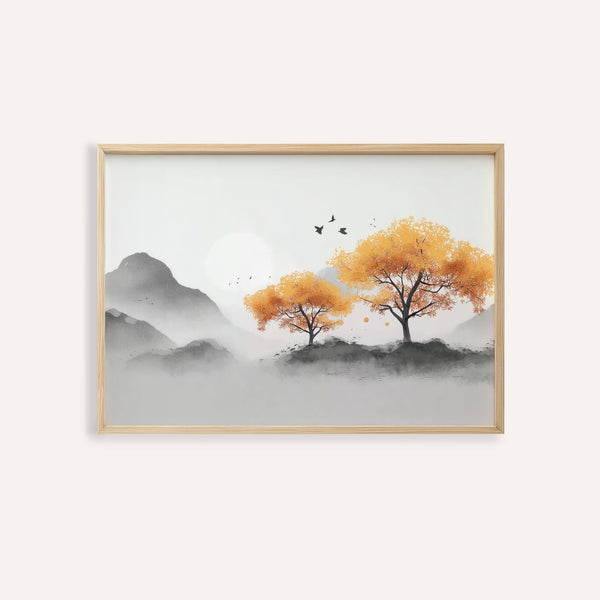 Autumn Tree Wall Art in orange and gray for living room wall art print