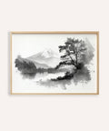 Black and White Print mountain landscape for living room wall art, mainly gray and black