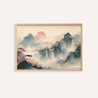 Framed print of misty mountains with waterfalls in Japanese ink and watercolour style