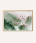 Watercolor Bird Print with Green and Pink for living room wall art
