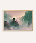 Misty Mountain Temple Art in Beige, Green, Pink for living room wall art print