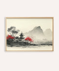 Chinese Landscape Art Print with gray and red, ideal for living room wall art
