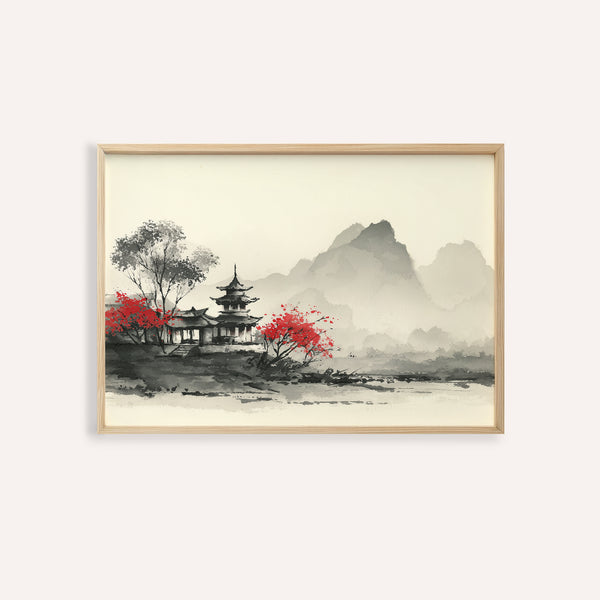 Chinese Landscape Art Print with gray and red, ideal for living room wall art
