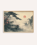 Asian Landscape Print in Beige, Green, Red for living room wall art