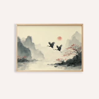 Framed print of traditional ink art with flying cranes and a red sun