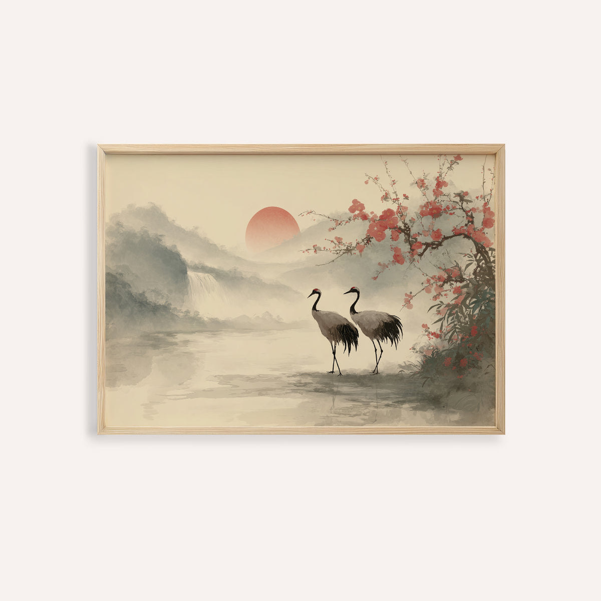 Japanese Art Poster in beige, green, and red for living room wall art