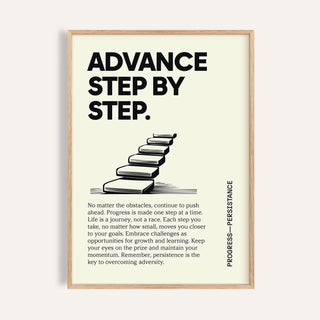 Framed close-up of Poster of Motivation with black text and stairs illustration on cream background