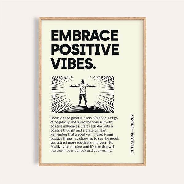 Motivational quote poster with "Embrace Positive Vibes" text