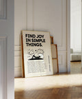 "Find Joy in Simple Things" poster with a sketch of a man