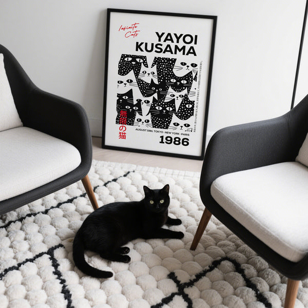 Playful cat faces in Kusama-inspired black and white cat art