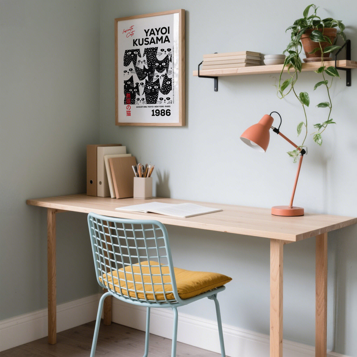 Unique Kusama-style black and white cat art perfect for office spaces