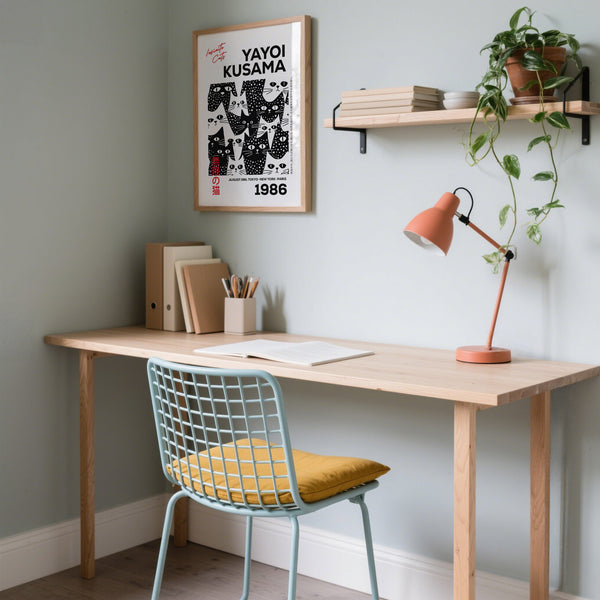 Unique Kusama-style black and white cat art perfect for office spaces