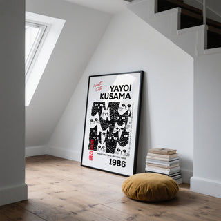 Modern cat poster featuring a monochrome polka-dot theme.