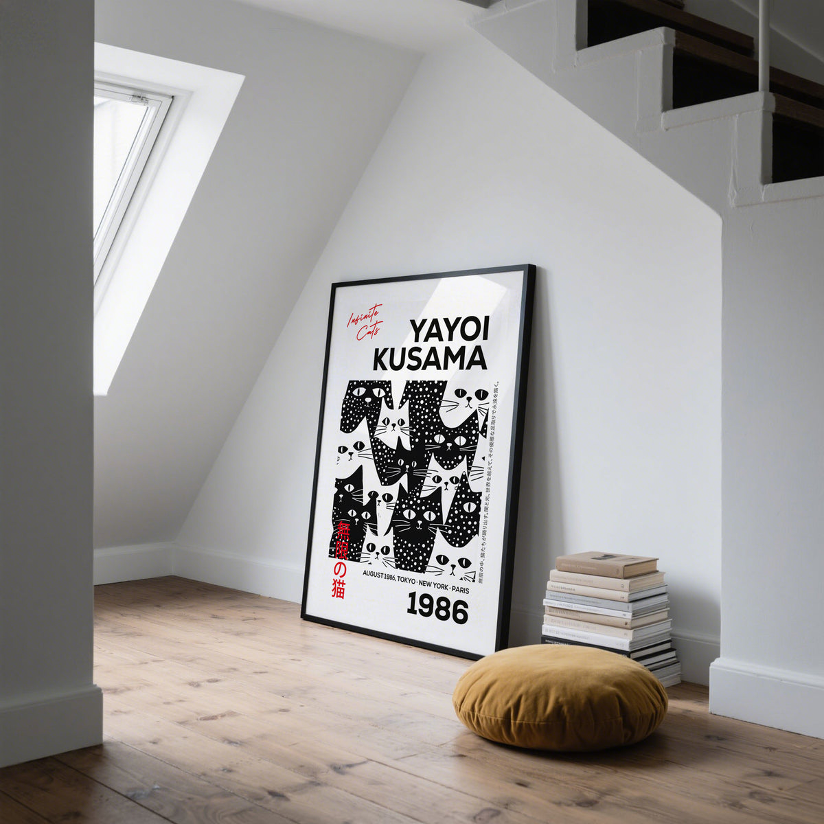 Modern cat poster featuring a monochrome polka-dot theme.