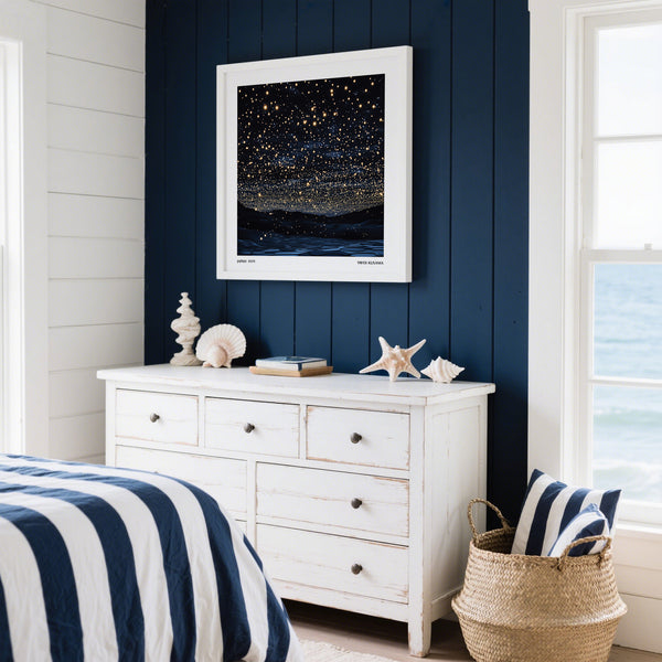 Square poster of night sky above chest of drawers