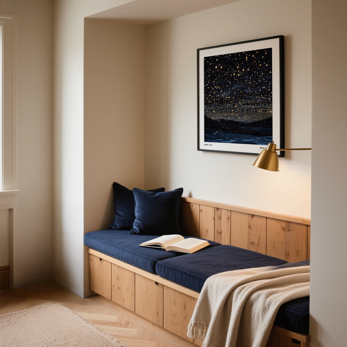 Reading nook with beautiful night sky wall art of golden stars