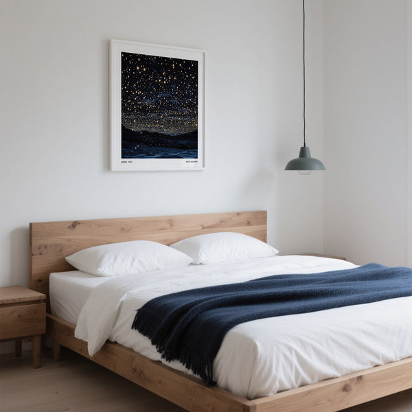 Bedroom print above bed of stars nightscape