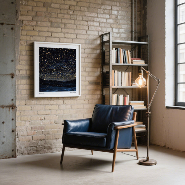 Reading room with modern square print of galazy