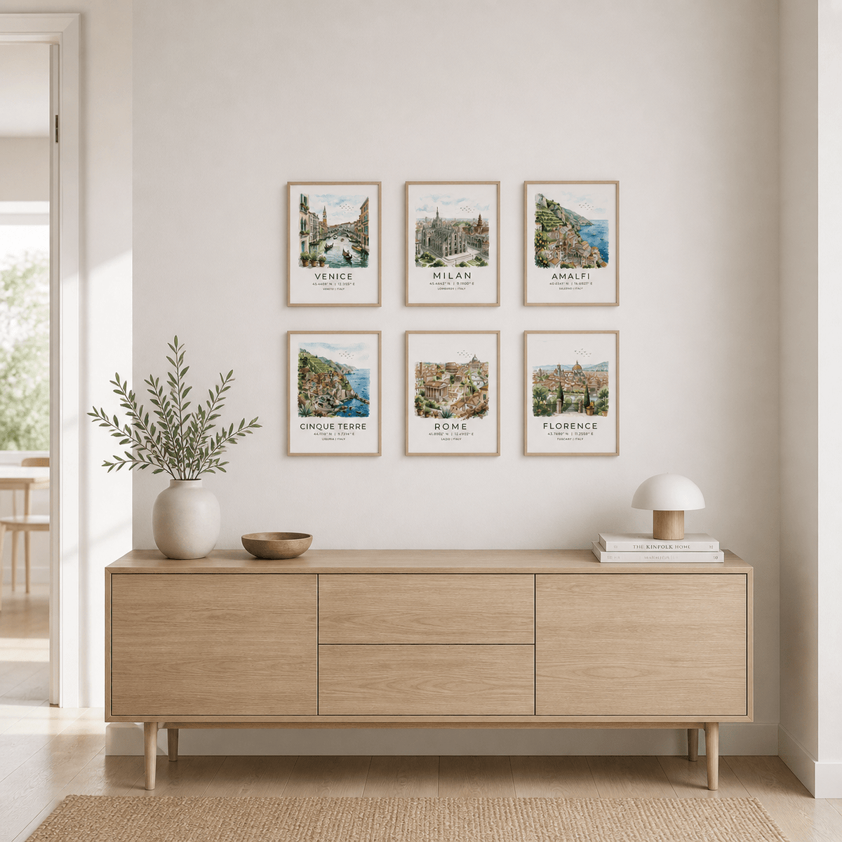 Italy travel wall art collection with 6 stunning prints of famous Italian cities.