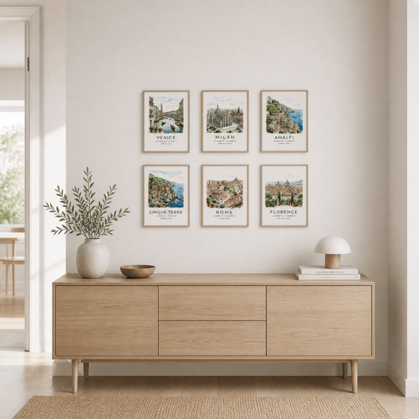 Italy travel wall art collection with 6 stunning prints of famous Italian cities.