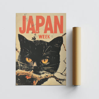 striking&nbsp;Japanese Art Poster featuring a captivating black cat illustration from Japan Week