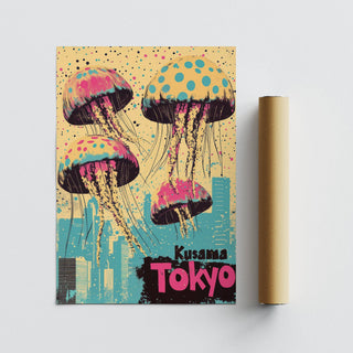 Dreamy Japan retro poster combining marine life and Japanese cityscape