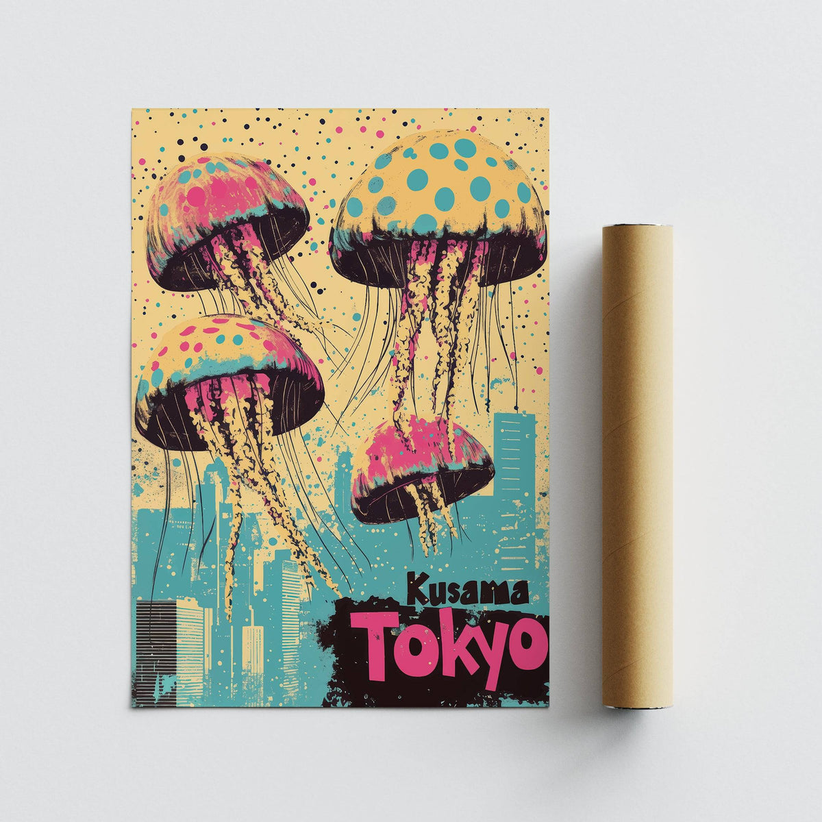 Dreamy Japan retro poster combining marine life and Japanese cityscape