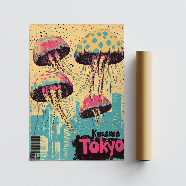 Dreamy Japan retro poster combining marine life and Japanese cityscape