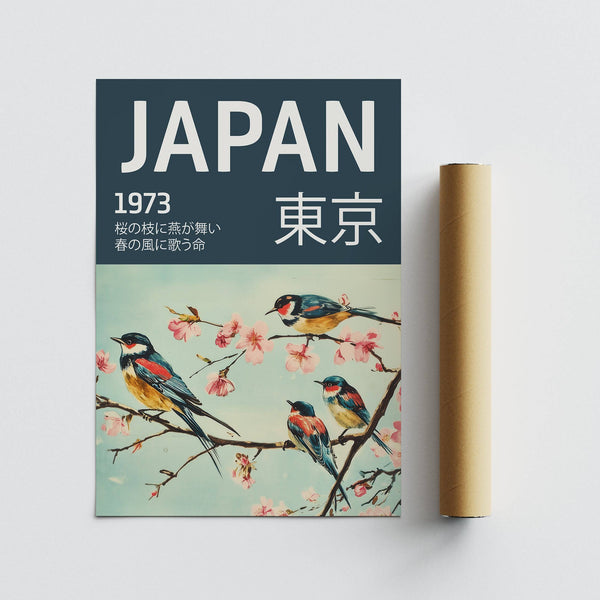 Japanese bird wall art with teal-green background
