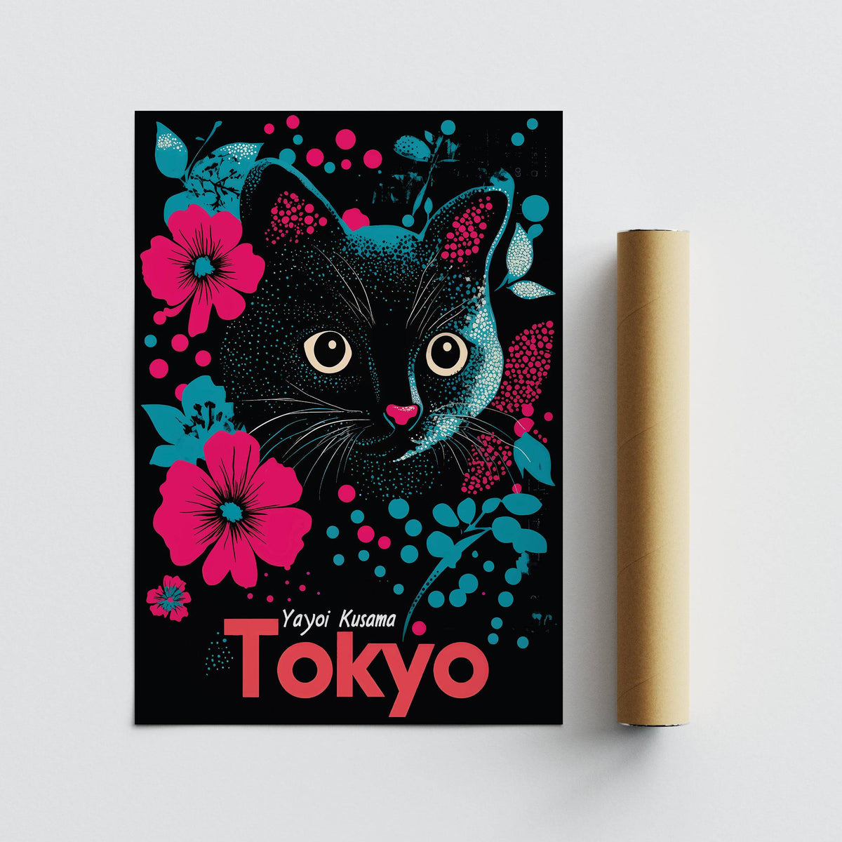 Funky Japanese cat art with bold colours for eclectic interior styling