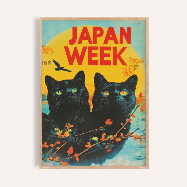Retro wall prints featuring vintage black cats against yellow and orange background