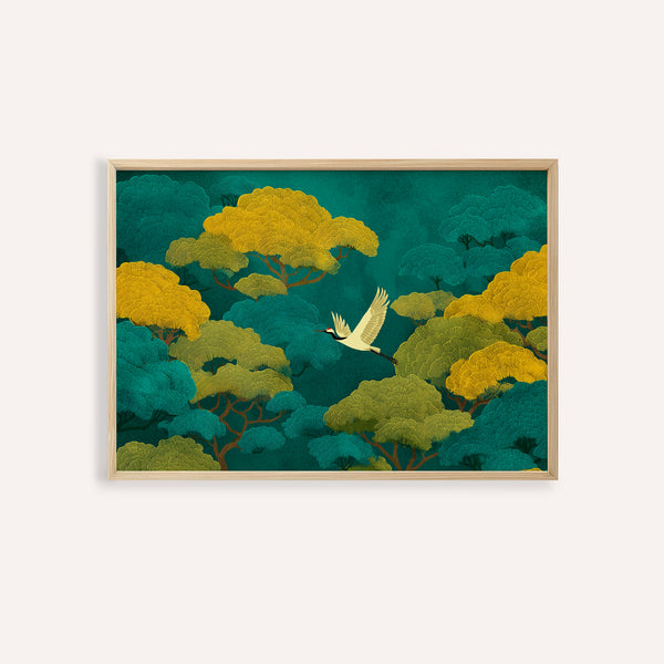 Colorful Japanese Nature Art print in Green and Yellow for living room wall art