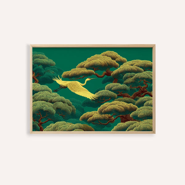 White Crane Artwork in green and white, living room, wall art