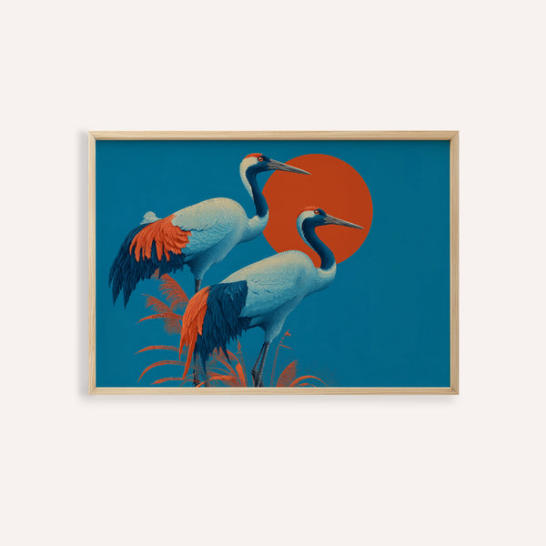 Cranes Artwork in orange, blue, and white wall art for living room