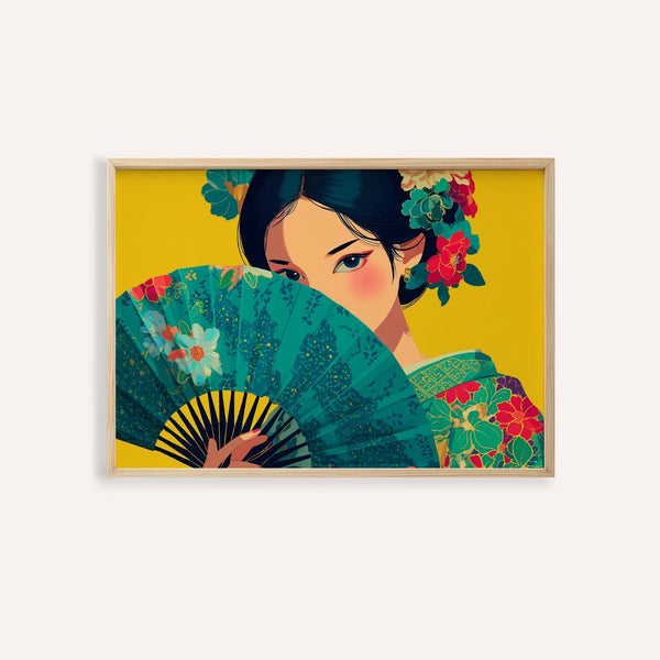 Japanese Geisha Wall Art with yellow and green for living room poster