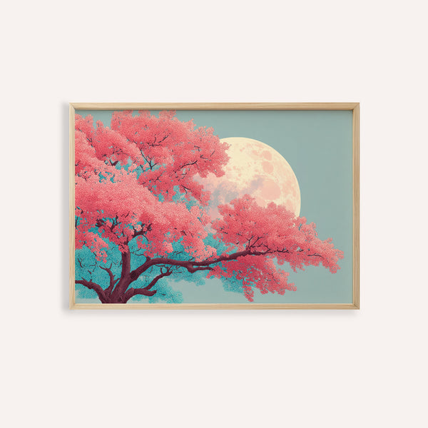 Japanese Moon Tree Art pink and blue wall art for living room