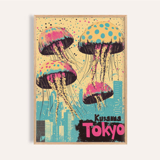 Japan Retro Poster framed print close-up of pink and teal jellyfish with city skyline