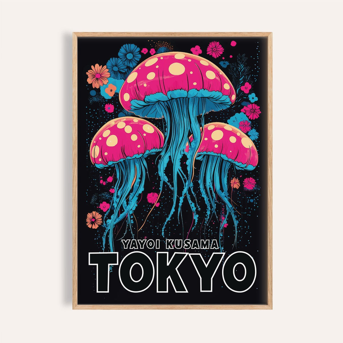 Wall art for kids room featuring colourful jellyfish on deep blue background