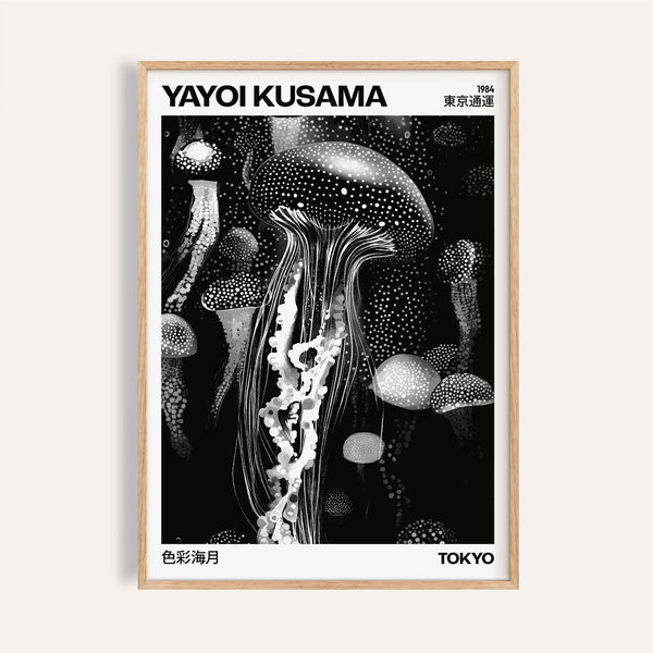 Black and white jellyfish art print with dotted abstract patterns