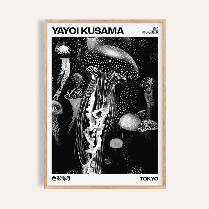 Black and white jellyfish art print with dotted abstract patterns