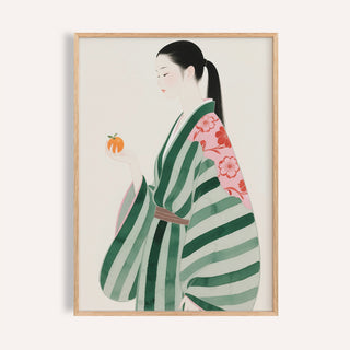 Japanese woman in green-striped kimono holding orange, unique wall art for living room.